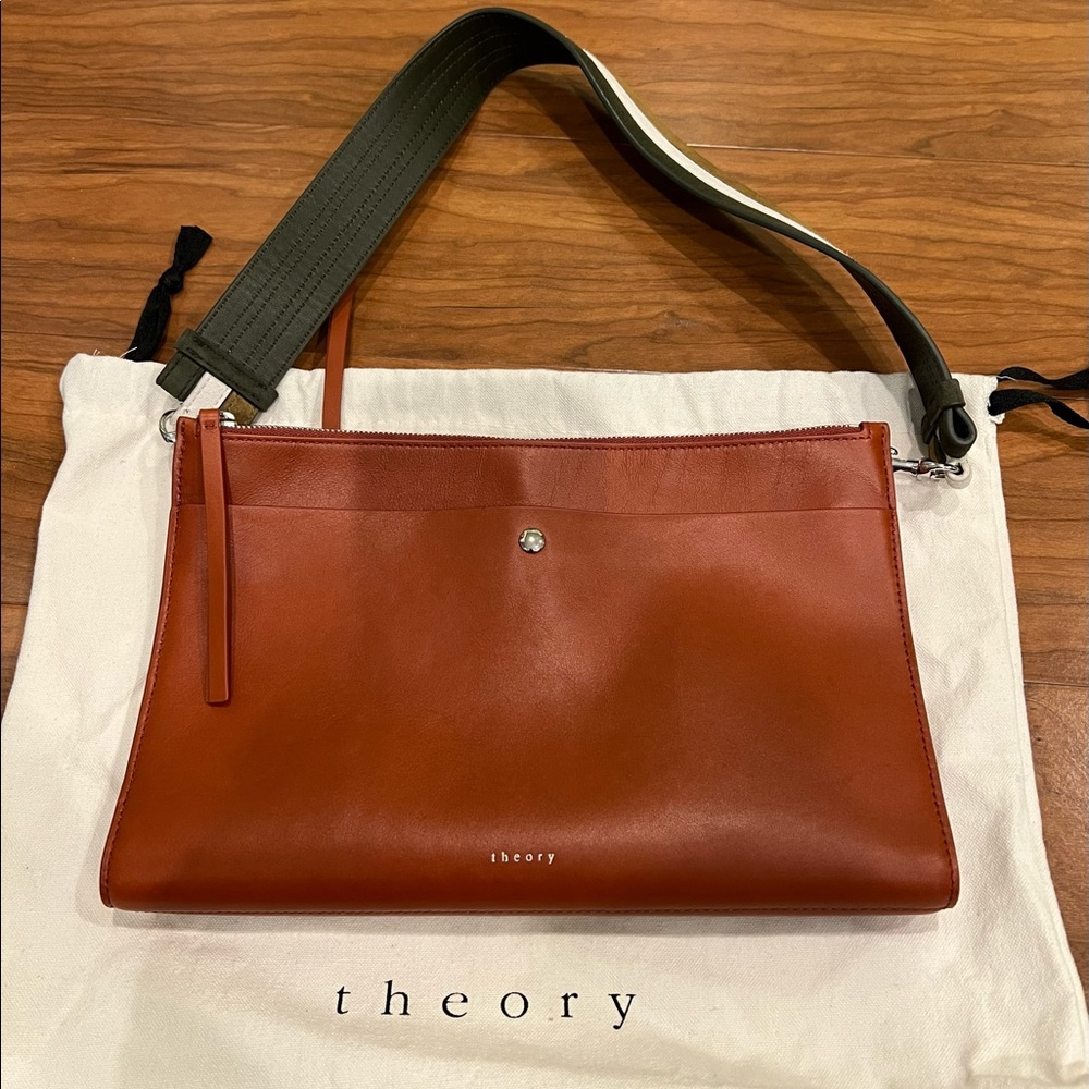 Theory Leather Cherry Brown Leather Clutch with Olive/Multi Suede Shoulder Strap